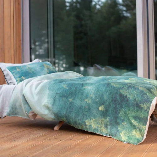 komplet pościeli lnianej z nadrukiem zielonego lasu, kolekcja INSPIRED BY NATURE