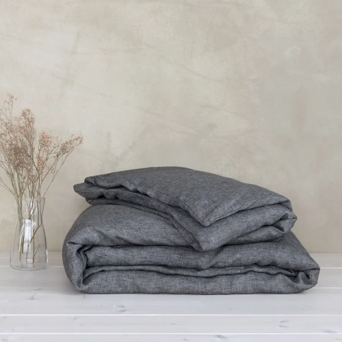 Lniana poszwa na kołdrę grafitowa SALT and PEPPER z ozdobną wypustką