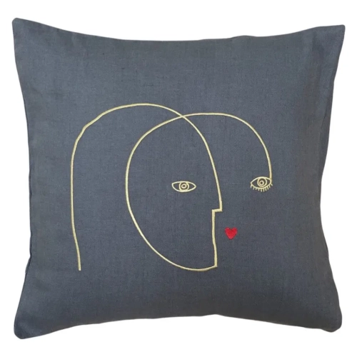 Lniana poszewka na poduszkę ciemnoszara ze złotym haftem twarzy