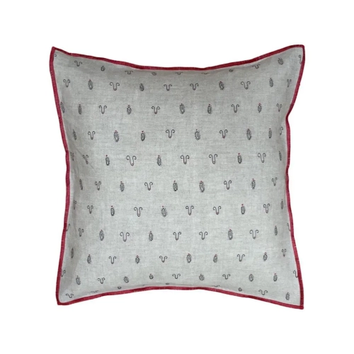 Lniana poszewka na poduszkę z nadrukiem, kolor beżowy naturalny, czerwone obszycie