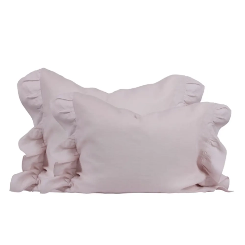 Lniana poszewka na poduszkę z falbankami różowa