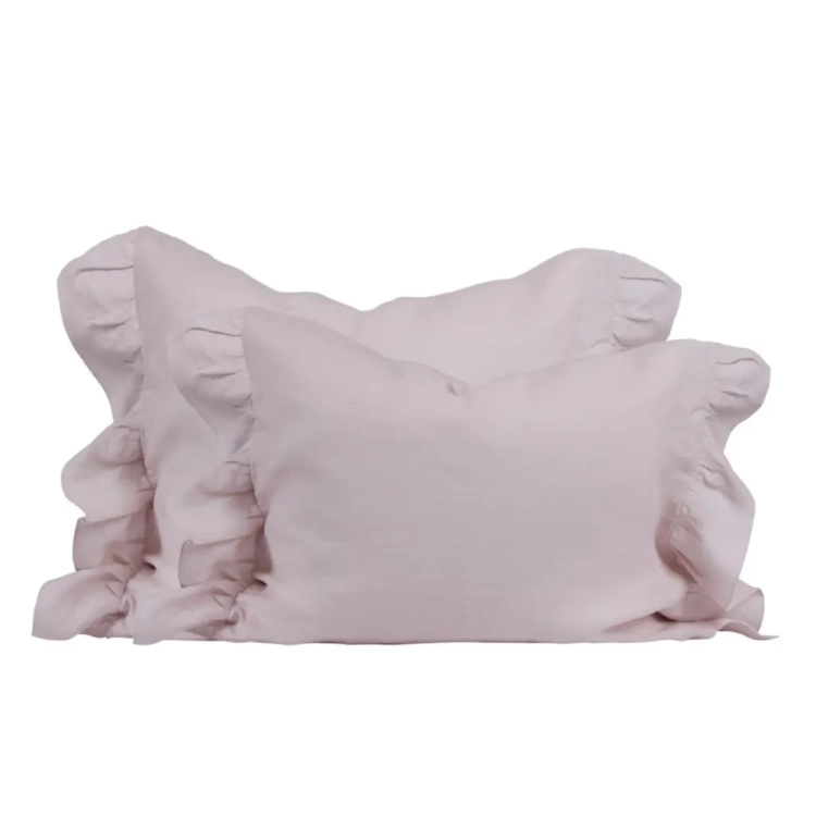 Lniana poszewka na poduszkę z falbankami różowa