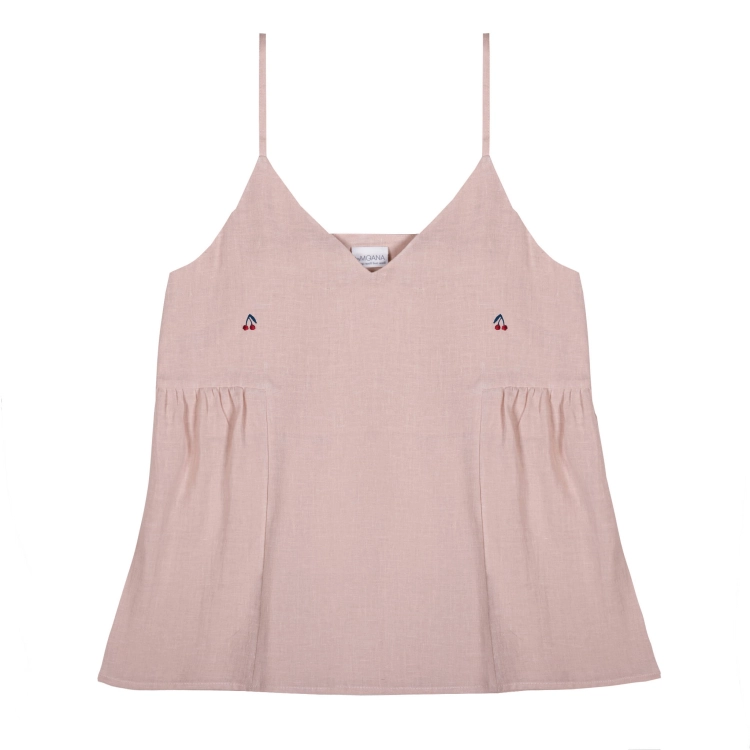 Lniany różowy top CHERRY na ramiączkach z haftem wisienek