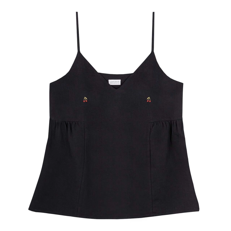 Top czarny lniany CHERRY Seanson na ramiączkach, z małym haftem wisienek