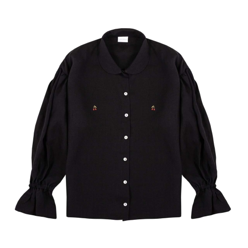 lniana koszula CHERRY czarna, z haftem wisienek na biuście