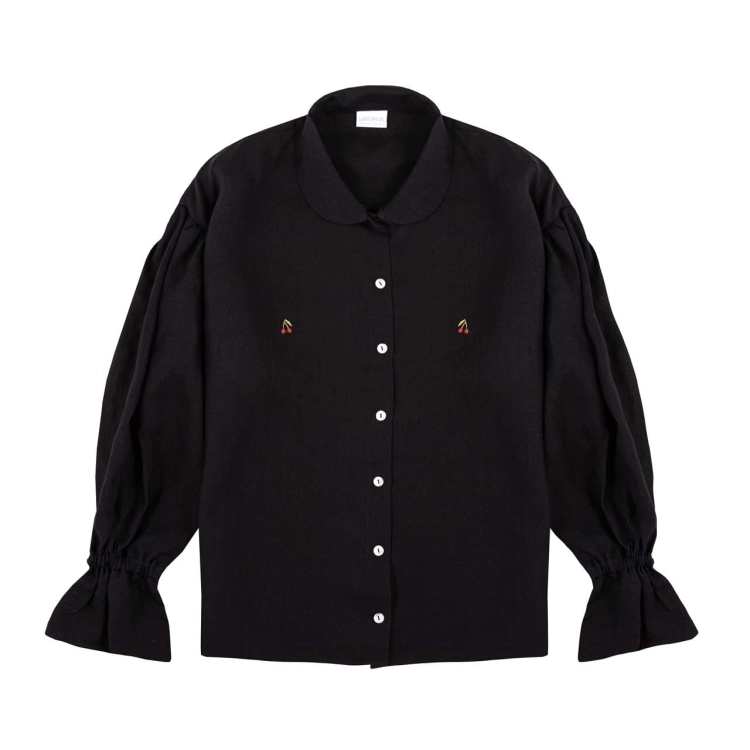 lniana koszula CHERRY czarna, z haftem wisienek na biuście