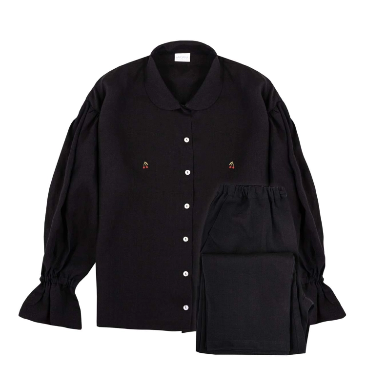 Piżama CHERRY czarna z wisienkami. Koszula i długie spodnie