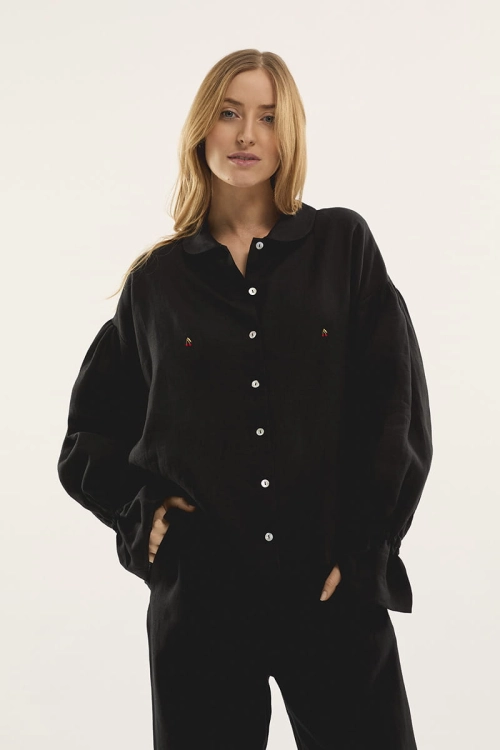 lniana koszula CHERRY, czarna z haftem wisienek