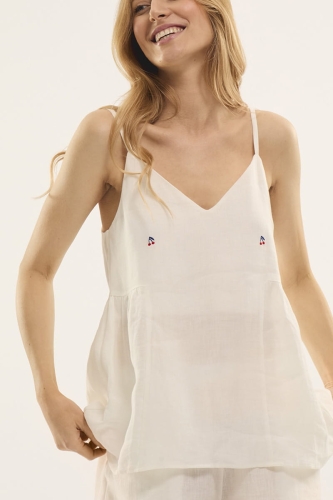 lniany top CHERRY biały kremowy, na ramiączkach z haftem wisienek