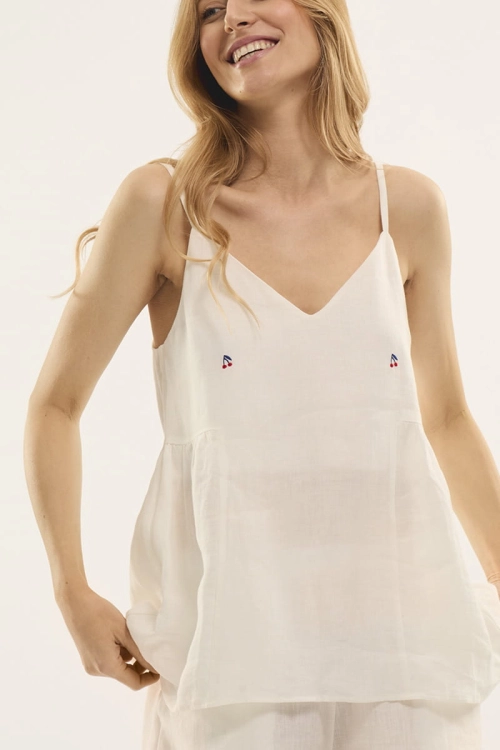 lniany top CHERRY biały kremowy, na ramiączkach z haftem wisienek