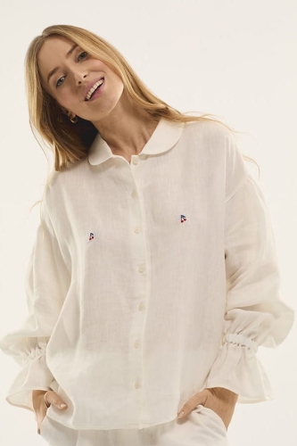 Lniana koszula CHERRY biało-kremowa z haftem wisienek