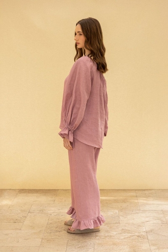 Lniane długie spodnie z falbanami w komplecie z bluzką, ciemny róż.