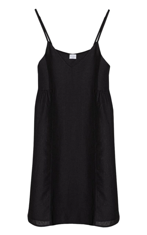 Czarna sukienka lniana DAY and NIGHT na ramiączkach przód