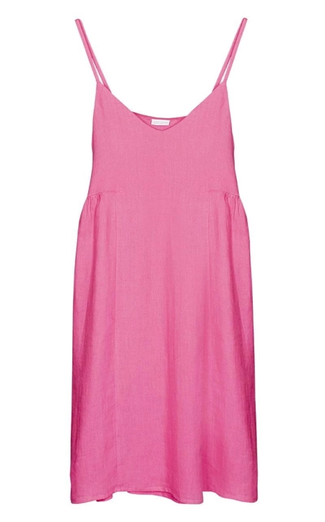 Różowa sukienka lniana DAY and NIGHT na ramiączkach przód