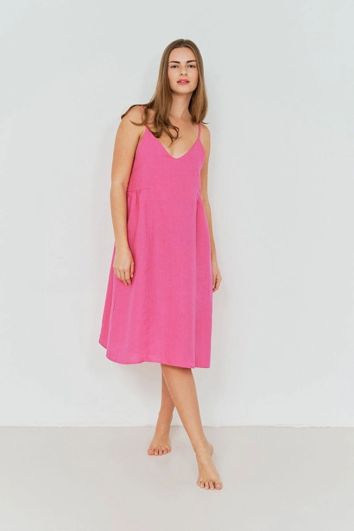 Fuksjowa sukienka lniana na ramiączkach