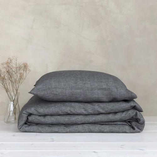 Lniana poduszka i kołdra SALT and PEPPER. Kolor grafitowy melanż,  ozdobna czarna wypustka