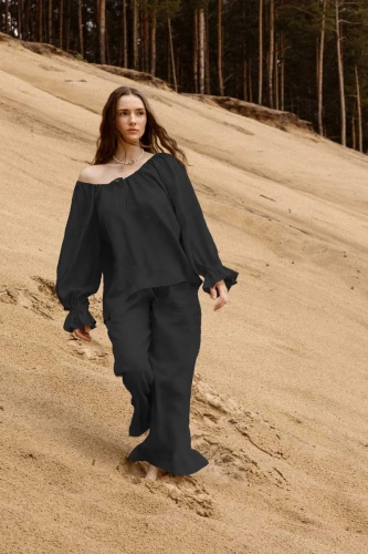 Lniany czarny komplet z falbanami - bluzka reglanowa i długie spodnie