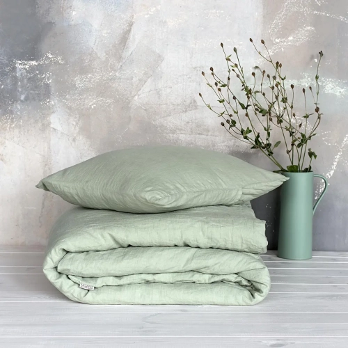 Poduszka i kołdra zielona PURE sage green, jasny zielony. Komplet pościeli - 100% len