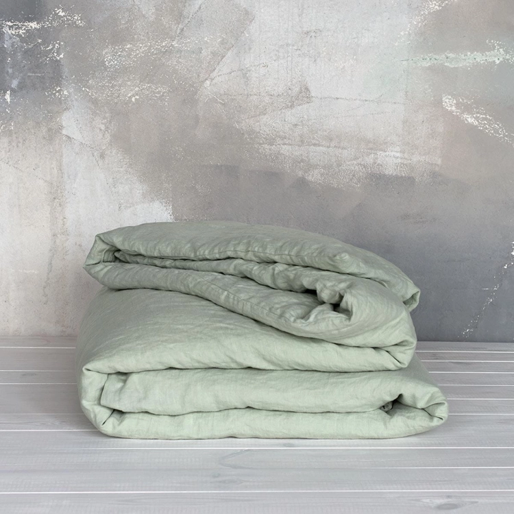 Lniana poszwa, kołdra zielona sage green w kolorze szałwiowej zieleni