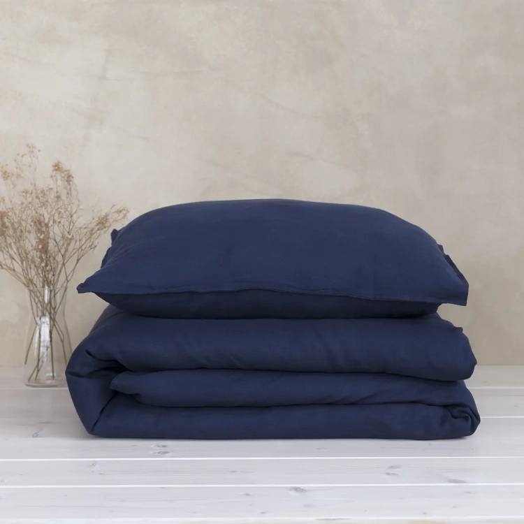 lniana poduszka i kołdra ciemna granatowa